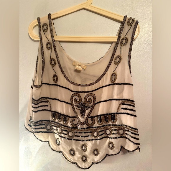 hazel Tops - Hazel Black and Cream Embellished Crop Top Large